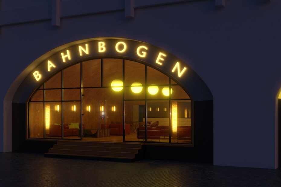 Nachtansicht der Bahnbögen Ehrenfeld mit eingesetztem Modul und beleuchteter Fassade. So schön könnte es nach den Plänen der Künstlerinnen und Künstler in Bickendorf aussehen.