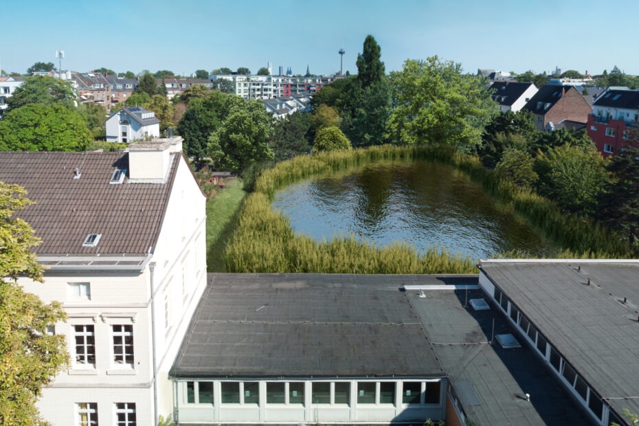 Blick von Westen auf das Gelände der Schule Lindweiler Hof in Köln Bickendorf mit dem Kradepohl als Biotop und Retentionsbecken zum Hochwasserschutz.